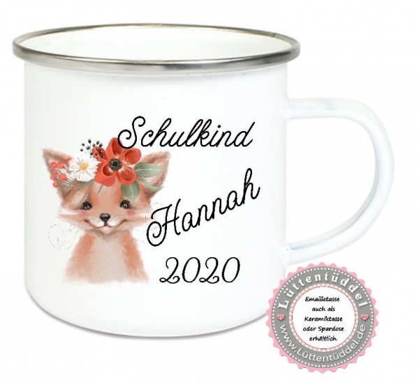 ♥ Becher Tasse Emaillebecher zauberhafte Tasse Emailletasse,Einschulung Schulkind Fuchs KITA Wunschname, Dankeschön, Geburtstag, Jubiläum, Geschenk, Kommunion, Firmung Konfirmation, Becher von Lüttentüddel